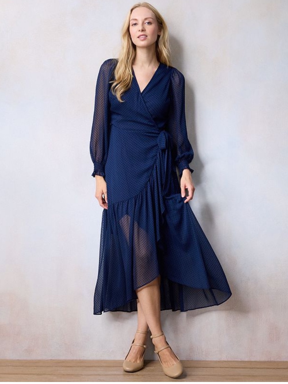 NWT LC Lauren Conrad Navy Blue Flocked Dot Wrap Maxi Dress Ruffled Hem Womens 2X